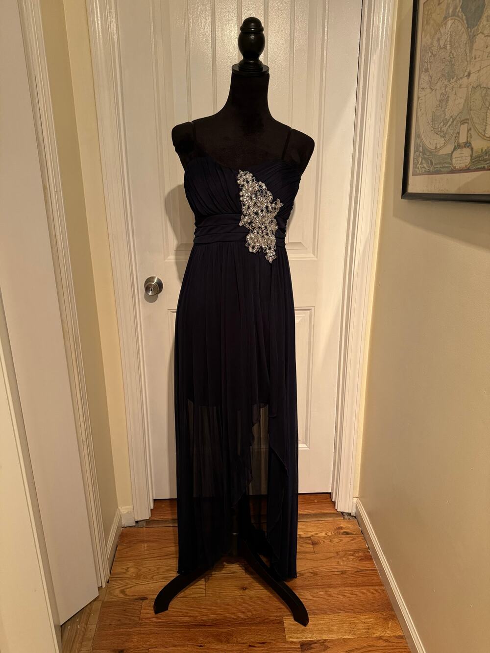 City Triangles Formal Blue Cocktail Dress Sz 7 High Low Silver Sequin